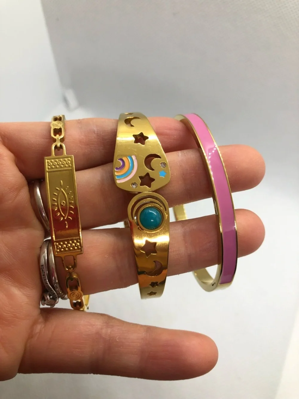 Gold Tone Pink Enamel and Turquoise Accent Women's Bracelet Set